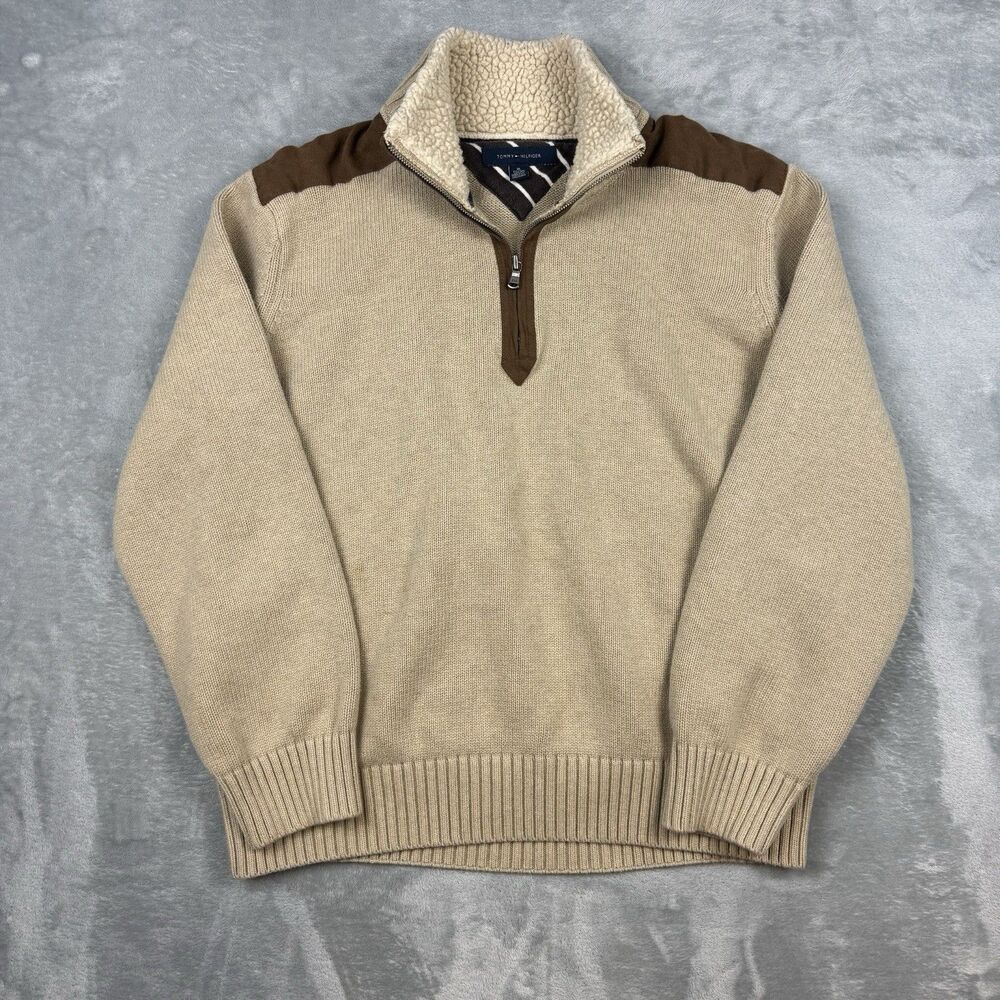 Vintage Tommy Hilfiger Men’s XL Quarter Zip Sweater Sherpa Collar Beige Brown
